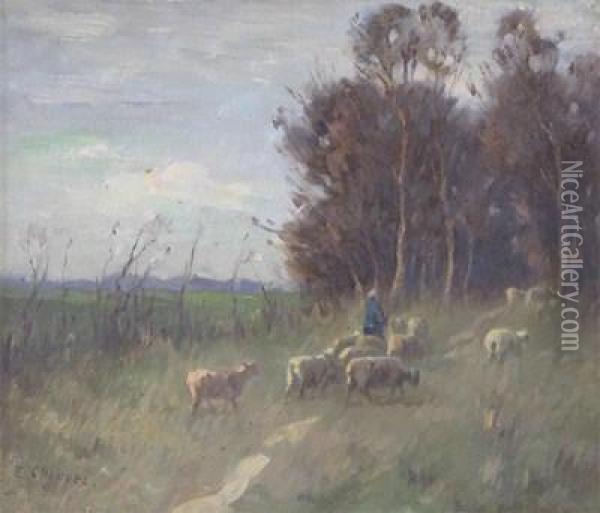 A Shepherdess And Flock Oil Painting - Edward Chappel