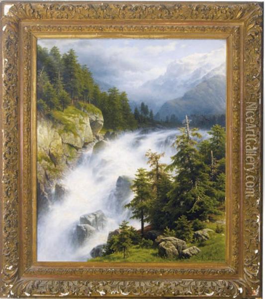 Waterfall In An Alpine Landscape Oil Painting - Joseph Jansen