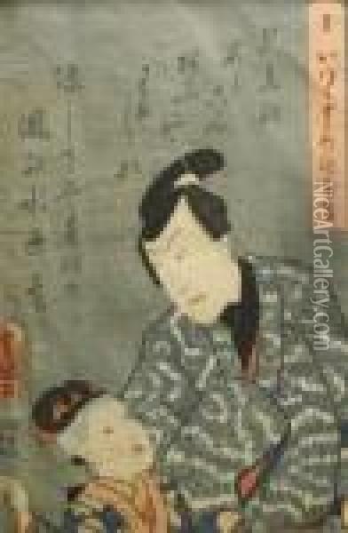 Man And Child Oil Painting - Toyokuni