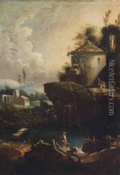 A River Landscape With A Boy Fishing, A Dovecote On A Rise Beyond Oil Painting - Vittorio Amadeo Cignaroli