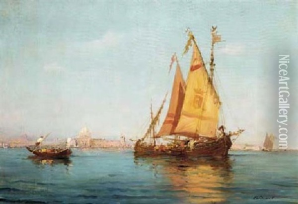 Boats In The Venetian Lagoon Oil Painting - Charles Clement Calderon