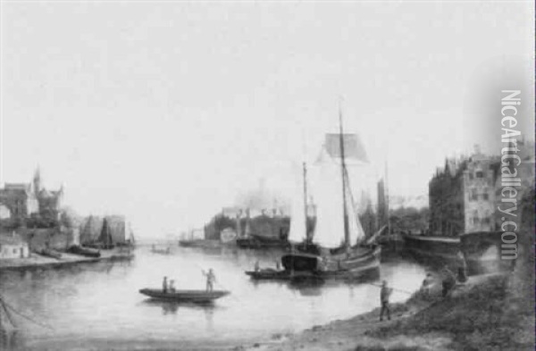 Fishing Boats Along A Canal Oil Painting - Johannes Frederik Hulk the Elder