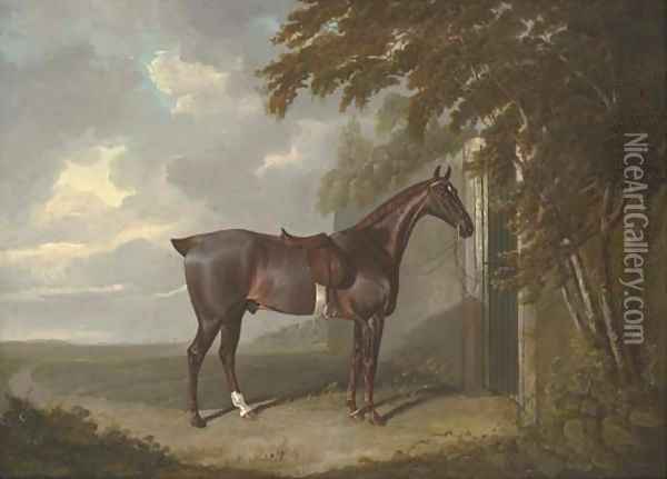 Mr. H.M. Greaves's liver chestnut hunter, tethered to a gate at Page Hall, Yorkshire Oil Painting - John Frederick Herring Snr