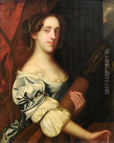 Portrait Of A Lady, Half-length, In A Blue Silk Dress And A White Chemise, Holding A Lute Oil Painting - Jacob Huysmans