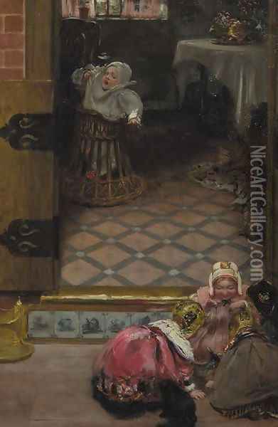 Interior with children playing Oil Painting - Robert Thorburn Ross