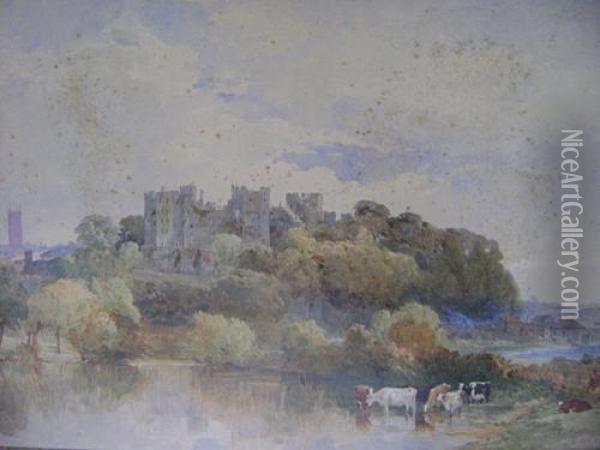 Ludlow Castle, Trees With Cattle Watering To The Foreground Oil Painting - Edward R.W.S Duncan