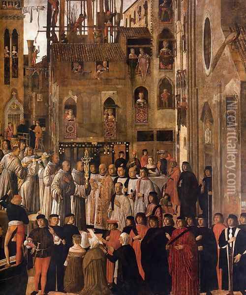 Miracle of the Relic of the Holy Cross in Campo San Lio (detail-1) c 1494 Oil Painting - Giovanni Mansueti