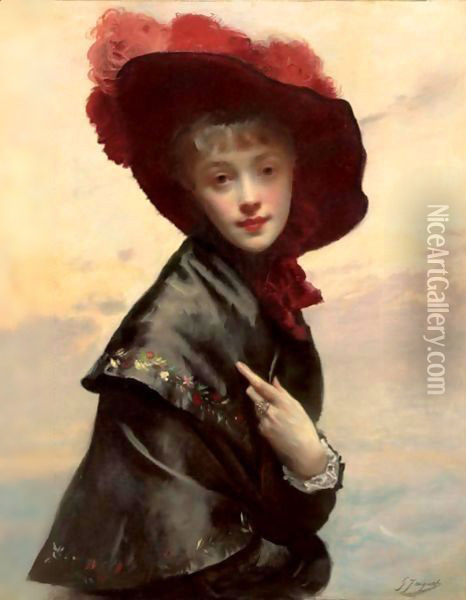 Portrait Of A Young Woman In A Black Hat And Red Feathers Oil Painting - Gustave Jean Jacquet