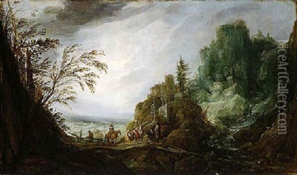 A Rocky Landscape With A Waterfall And Figures Meeting On A Bridge Oil Painting - Joos de Momper the Younger
