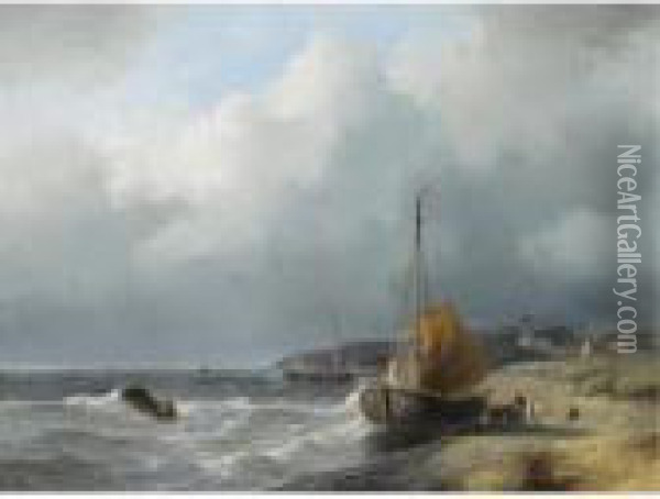 Fisherfolk By A Beached Bomschuit Oil Painting - Andreas Schelfhout
