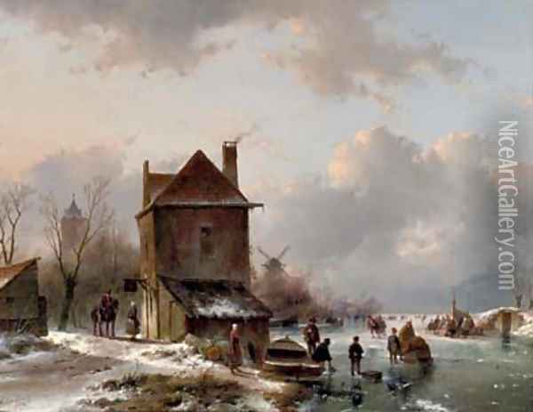 Wintergezicht met schaatsrijders a busy day on the ice Oil Painting - Andreas Schelfhout