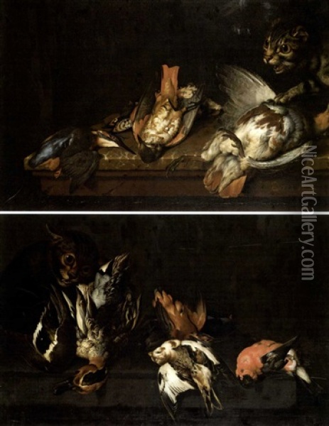Nature Morte Aux Oiseaux Et Chat (+ Another, Similar; Pair) Oil Painting - Philipp Ferdinand de Hamilton