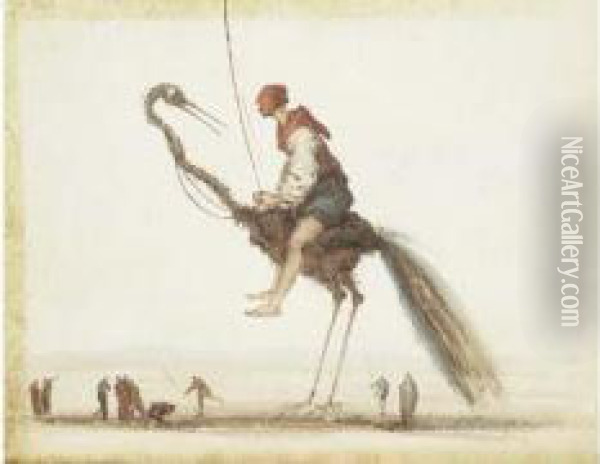 Homme En Costume Du Moyen Age Chevauchant Un Animal Fantastique. Oil Painting - Charles Frederic Soehnee