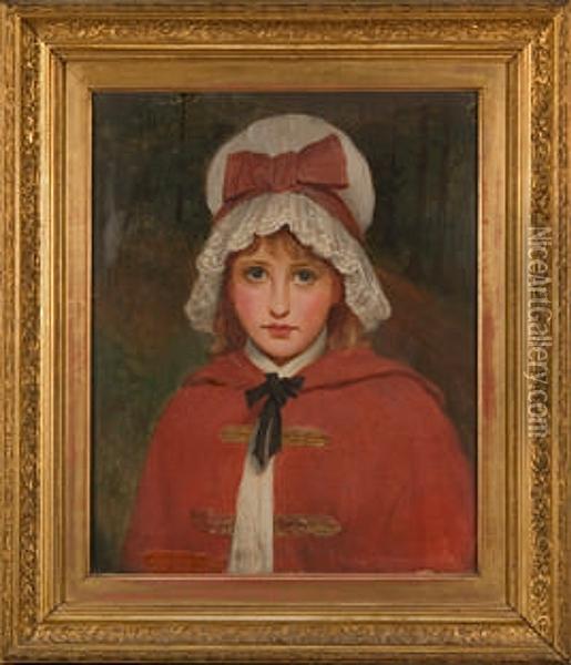 A Portrait Of A Young Girl Wearing A Red Cloak And A White Bonnet With A Red Bow Oil Painting - Charles Sillem Lidderdale