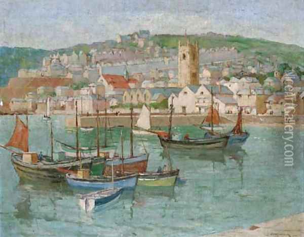 Fishing vessels moored in a Cornish harbour Oil Painting - Edith Mary Garner