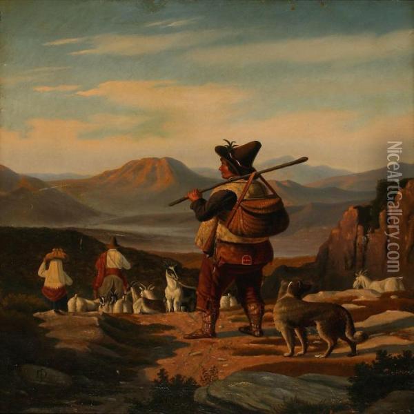 Mountain Landscape With Herdsmen And Goats Oil Painting - Peter Johann Raadsig