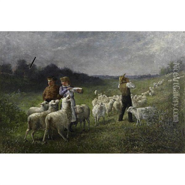 A Family Tending Sheep Oil Painting - Samuel S. Carr
