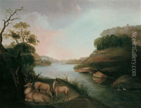 Flusslandschaft Mit Hirschen Oil Painting - Joh. Ludwig Weber