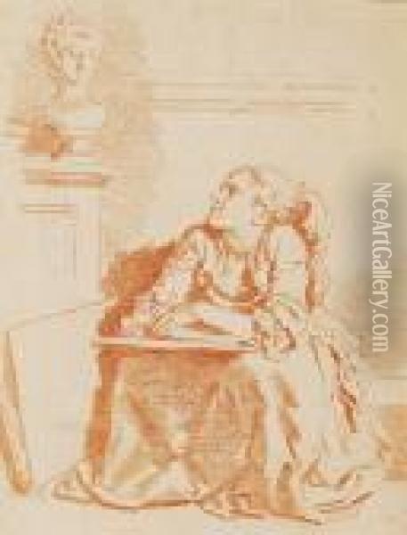 Seated Girl, Leaning With Folded
 Arms On A Sketchbook, Gazing Up At A Female Bust On A Mantlepiece, A 
Portfolio Propped Up At Her Side Oil Painting - Jean-Honore Fragonard