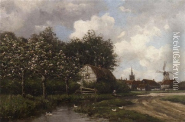 A Village By A Stream In A Spring Oil Painting - Hermanus Koekkoek the Younger