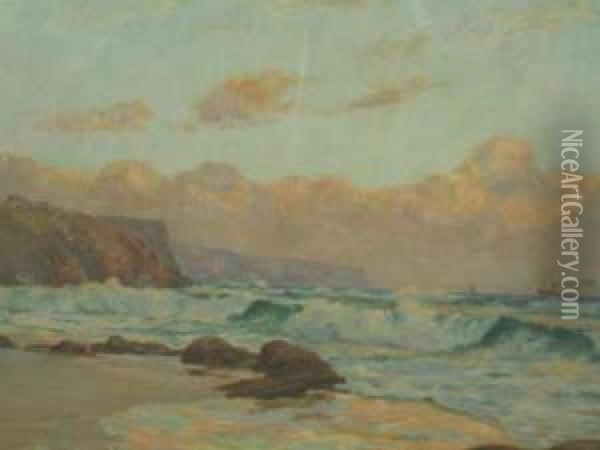 Coastal Landscape With Steamer, Noarlunga Headlands Oil Painting - James Ashton