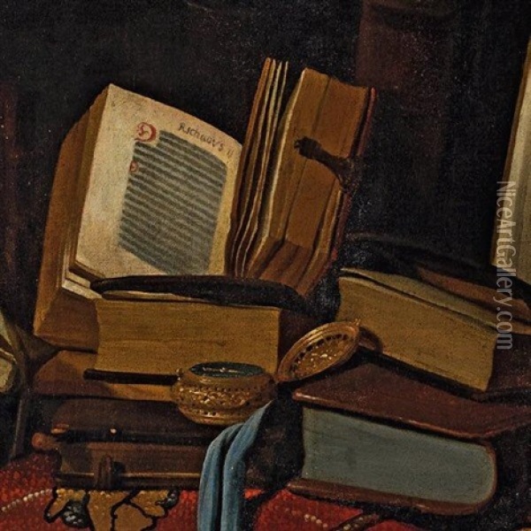 Vanite Aux Livres Et Manuscrits, Et A La Montre Poses Sur Un Oil Painting -  Pseudo-Roestraten