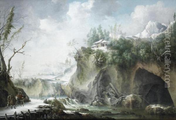 A River Landscape In Winter, With Travellers On A Snowy Path Oil Painting - Francesco Foschi