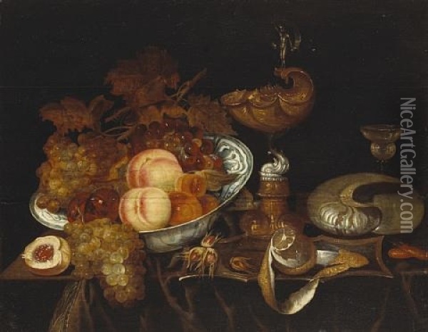 A Still Life Of Fruit In A Blue And White Bowl, A Ewer, A Goblet, A Partially-peeled Lemon And A Nautilus Shell, All Resting On A Partially Draped Table Oil Painting - Bartholomeus Assteyn