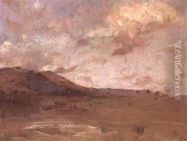 Untitled (landscape Study With Distant Hills) Oil Painting - Thomas William Roberts