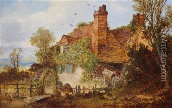 Figure And Chickens Beside A Cottage Oil Painting - Thomas Whittle the Younger