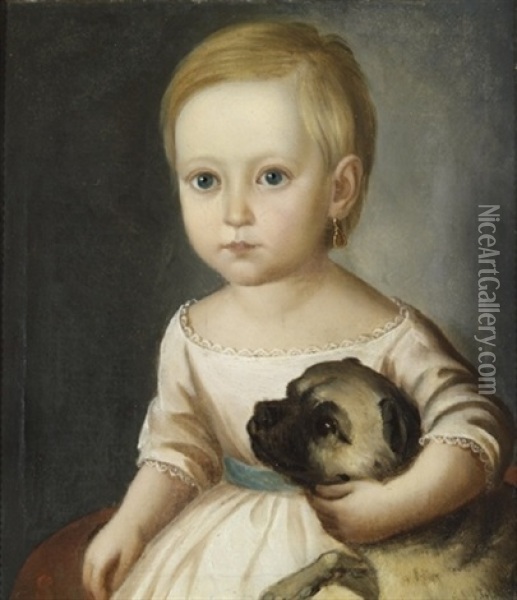Portraet Af En Lille Pige Med Hund Oil Painting - David Monies