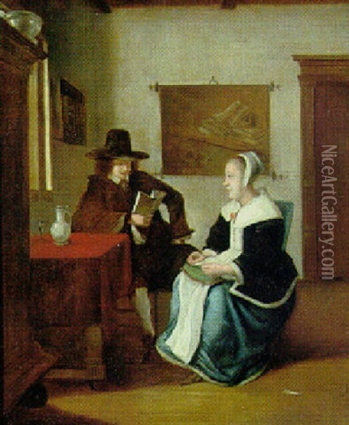 Interior With A Man Reading To A Seated Woman Oil Painting - Pieter De Hooch