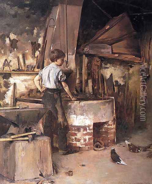The Forge (or An Apprentice Blacksmith) Oil Painting - Theodore Robinson