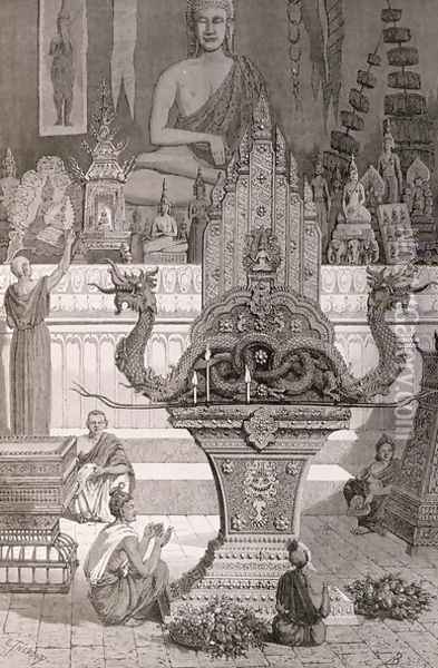 Interior of the Pagoda with Ancient-Antique Candle Stands at Xieng Cang, book illustration from A Journey of Exploration in Indo-China, pub. c.1873 Oil Painting - Therond, Emile Theodore