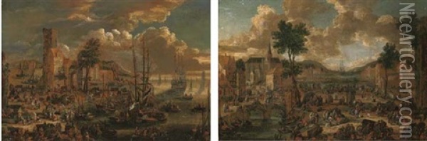 A Port With Dutch Three-masters, A Fortified Town Beyond (+ A River Landscape With Villagers, A Church Beyond; Pair) Oil Painting - Pieter Bout