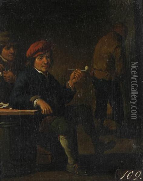 Topers In An Interior Smoking Oil Painting - David The Younger Teniers