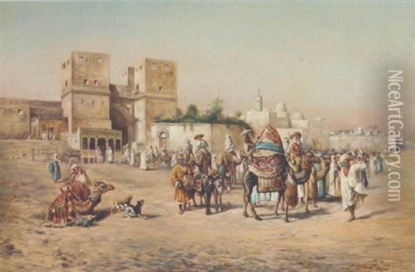 Departing From An Arabic Town Oil Painting - Mariano De Franceschi