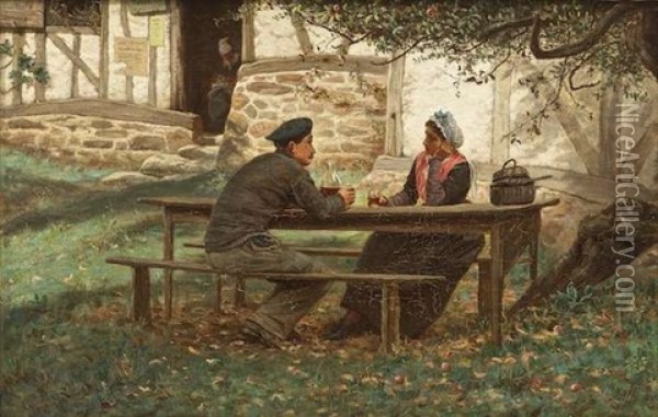 Meeting Under The Apple Tree, Normandy Oil Painting - William John Hennessy