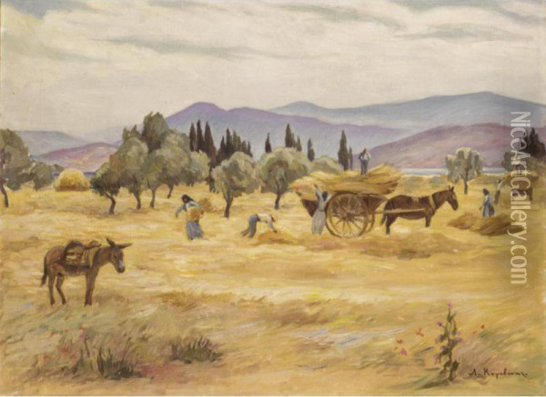 The Harvesters Oil Painting - Lykourgos Lic Kogevinas /