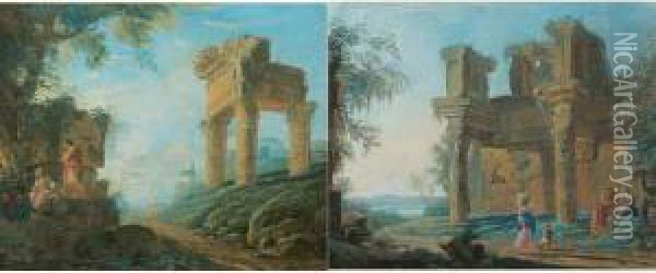 Paire De Paysages De Ruines Animes Oil Painting - Charles Louis Clerisseau