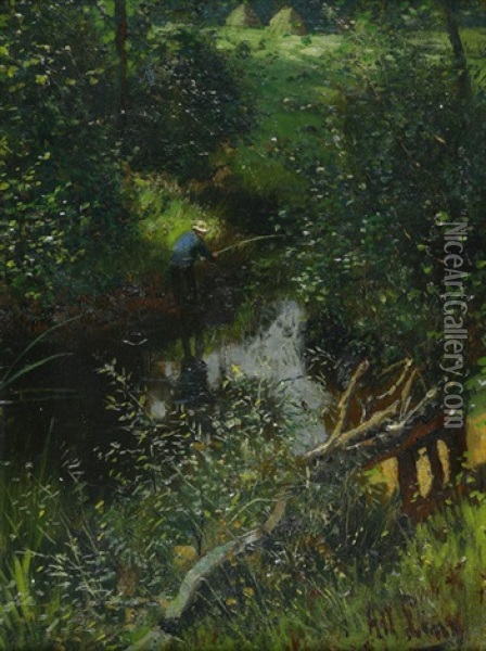 Angler Am Waldteich Im Sommer Oil Painting - Adolf Lins