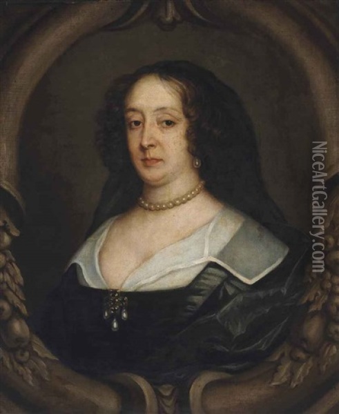 Portrait Of Lady Fanshawe (1625-1680), Bust-length, In A Black Dress And White Collar, Wearing Pearls, In A Sculpted Cartouche Oil Painting - Mary Beale