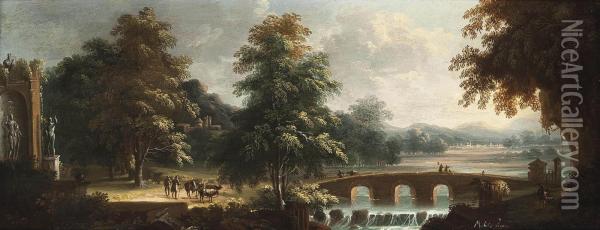 A Wooded River Landscape With Drovers And Their Herd Beside Classical Ruins And Travellers Crossing A Bridge Oil Painting - Michele Pagano