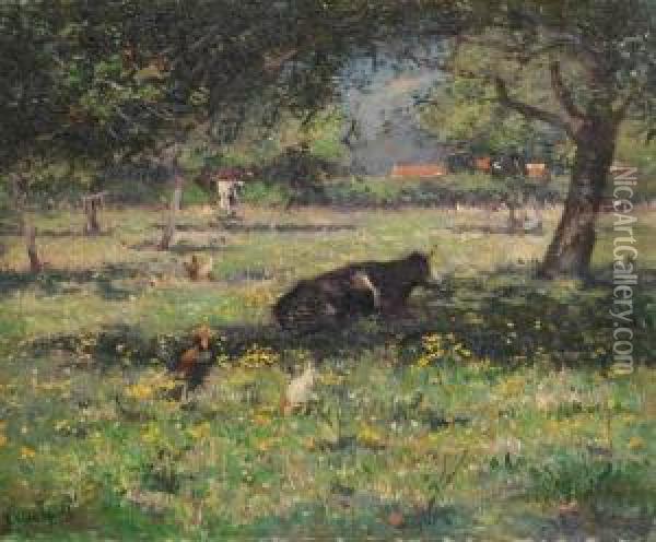 Vache Couchee Au Vergerd'oudenbourg Oil Painting - Jean Van Den Eeckhoudt