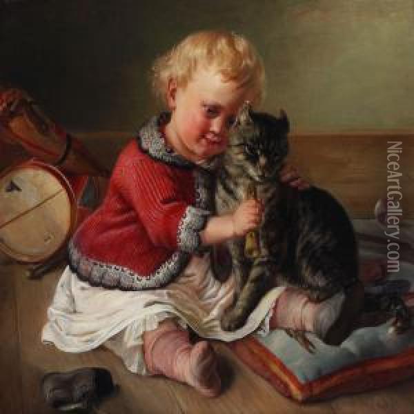 A Fair-haired Girl Playing With Her Cat Oil Painting - Anna Maria Elisabeth Jerichau-Baumann