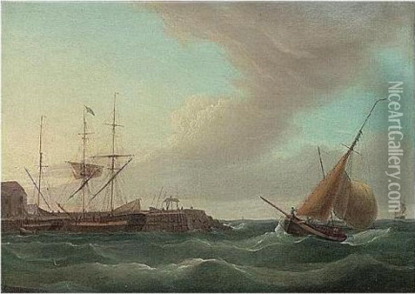 A Fishing Boat Entering The Harbour At Broadstairs Oil Painting - Thomas Whitcombe