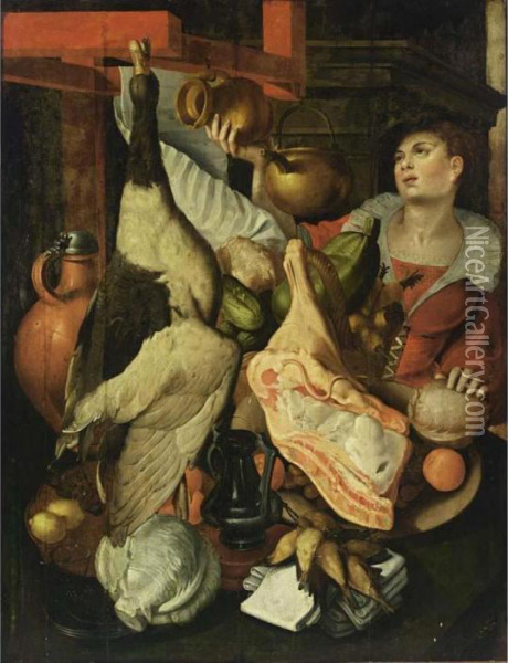 A Kitchen Still Life With A Maid Holding A Jug, Poultry, Meat, Cabbage, And Fruit Oil Painting - Joachim Beuckelaer