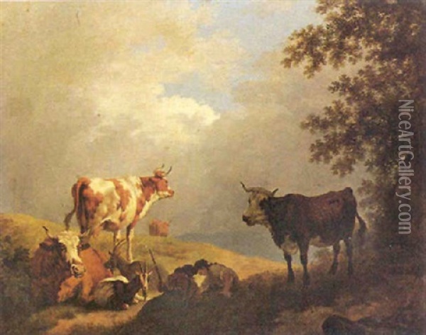 Bergers Et Vaches A La Montagne Oil Painting - Pierre Louis De La Rive