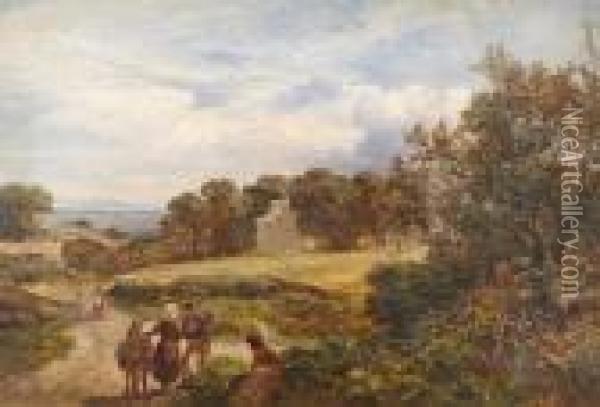 Extensive Landscape With Figures On A Pathwayby A Country House Oil Painting - James Peel