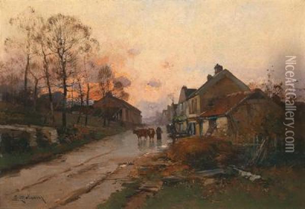 French Village Street At Sunset Oil Painting - Eugene Galien-Laloue